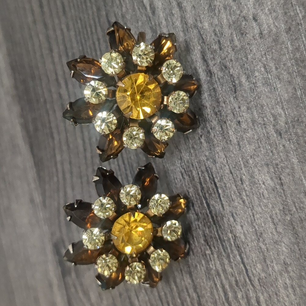 Radiant Vintage Gold and Brown Crystal Earrings Screwbacks